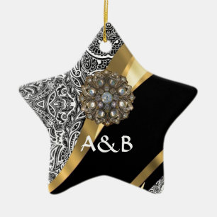 Black & white floral damask pattern ceramic tree decoration