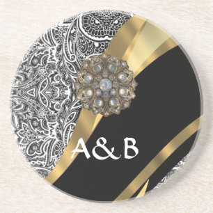 Black & white floral damask pattern coaster
