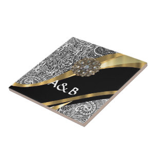 Black & white floral damask pattern tile