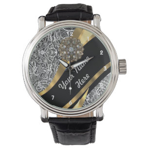 Black & white floral damask pattern watch