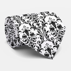 Black White Floral Damask Tie