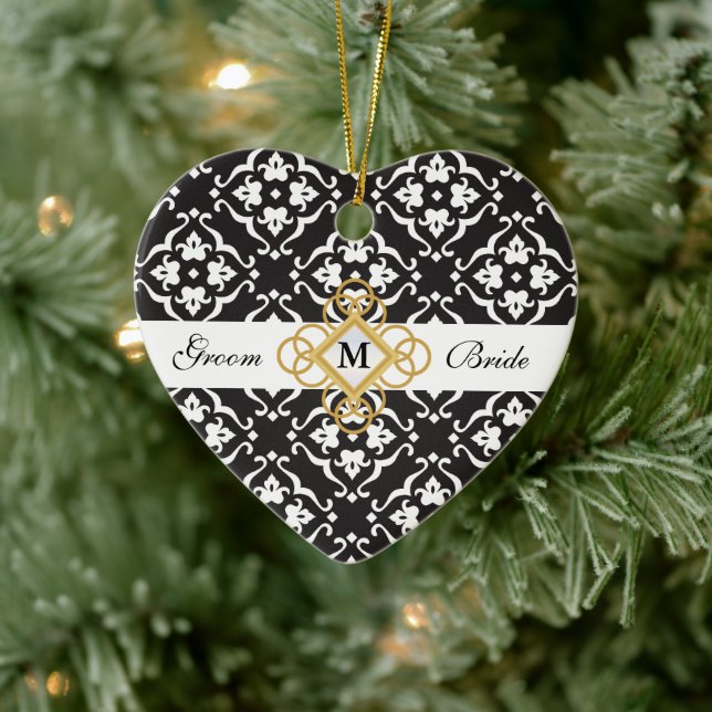 Black & White Floral Damask Wedding Keepsake Ceramic Tree Decoration (Tree)