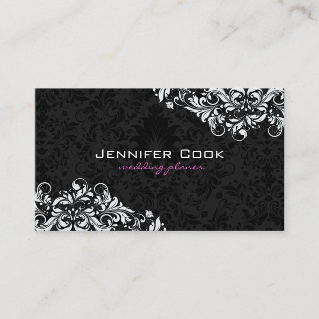 Black & White Floral Damasks 4 Wedding Planner Business Card (Front)
