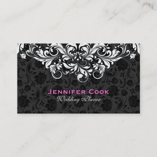 Black & White Floral Damasks 5 Wedding Planner Business Card (Front)