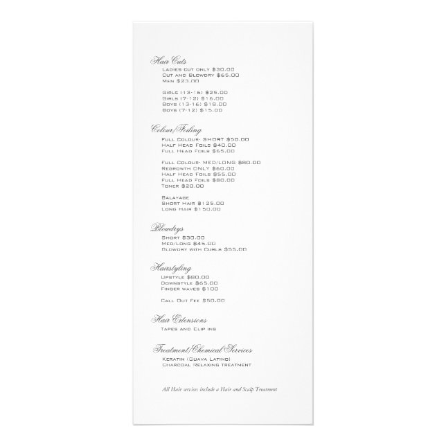 Black & White Floral Damasks Hairstylist Services Rack Card (Back)