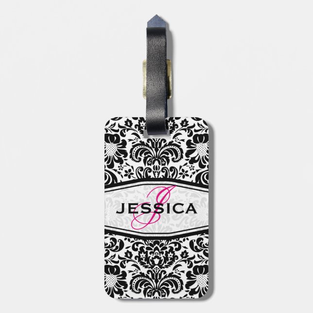 Black & White Floral Damasks Monogramed Luggage Tag (Back Vertical)