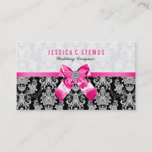 Black & White Floral Damasks With Pink Bow Business Card