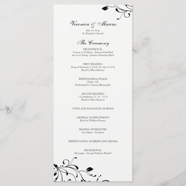 Black & White Floral Decal Wedding Program Programme (Front)