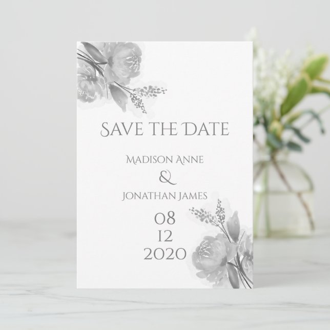 Black & White Floral Elegant Personalised Pretty Save The Date (Standing Front)
