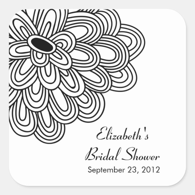 Black White Floral Flowers Bridal Shower Favour Square Sticker (Front)