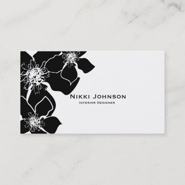 Black White Floral Flowers Elegant Business Card (Front)