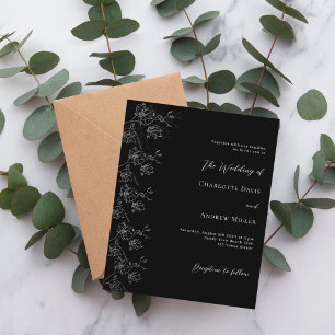 Black white floral formal wedding invitation