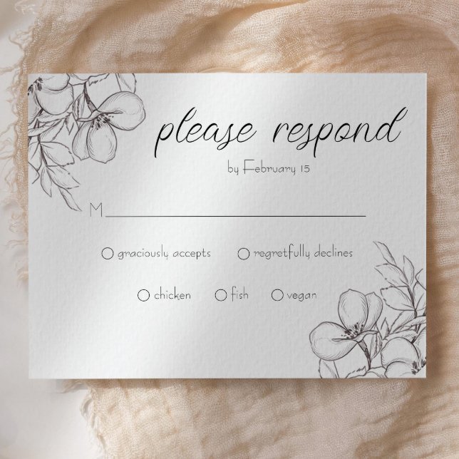 Black & White Floral Frame Line Art Enclosure Card ( rsvp wedding card black and white floral drawn flowers)