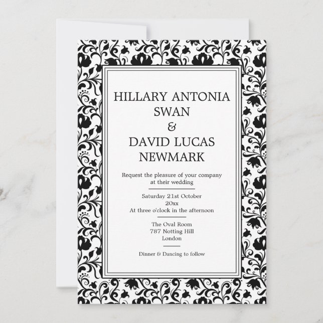 Black & White Floral Frame Wedding Invitation (Front)