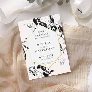 Black & White floral geo gold frame save date