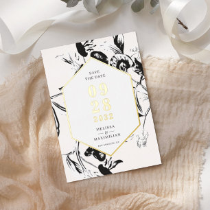 Black & White floral geo gold frame save date
