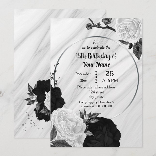 Black & white floral geometric birthday party invitation (Front/Back)