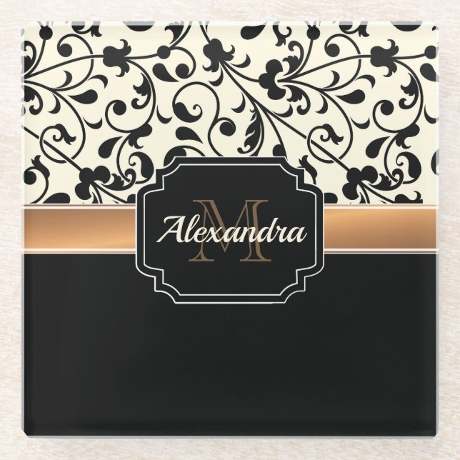 Black & White Floral Glass Coaster (Front)