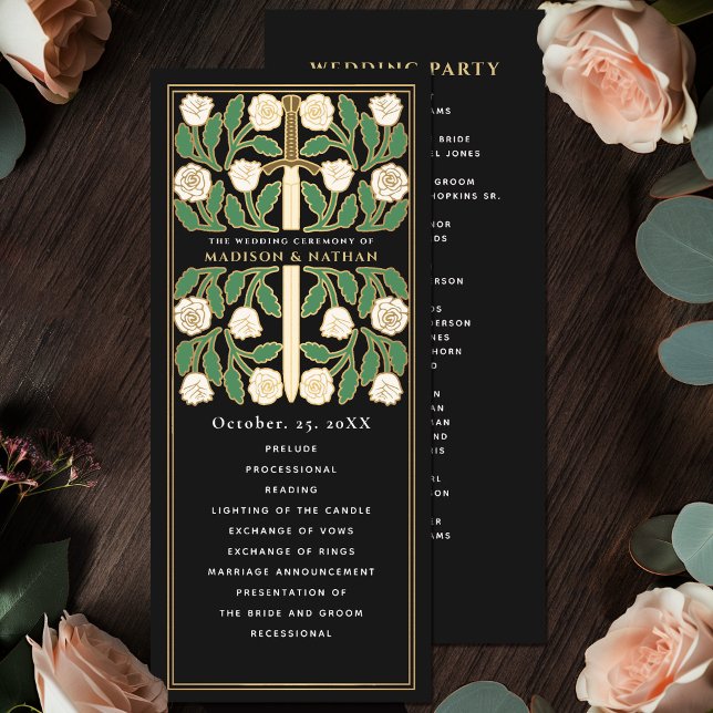 Black White Floral Gold Sword Royal Wedding Programme (Creator Uploaded)