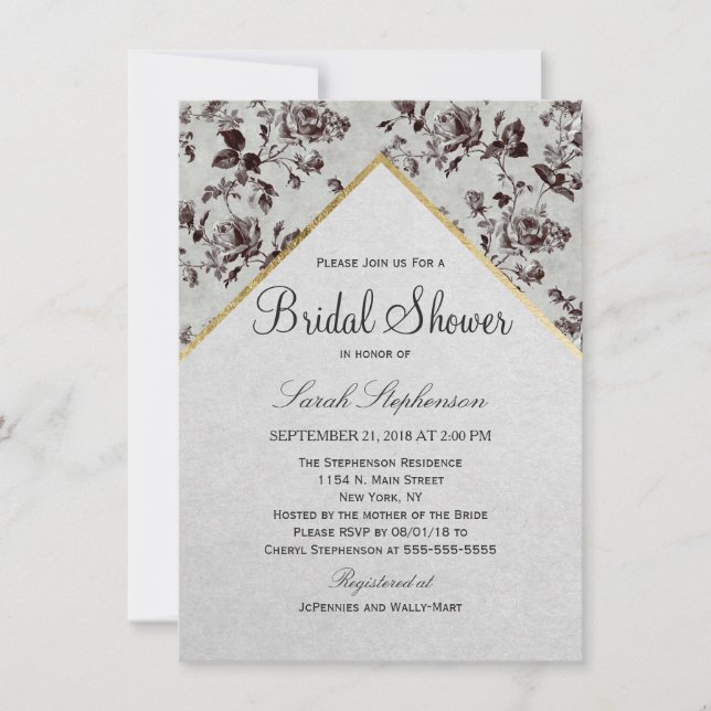 Black & White Floral & Gold Trim Recycled Paper Invitation (Front)