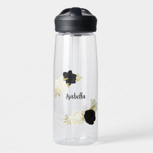 black & white floral gold water bottle