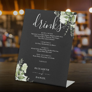 Black White Floral Greenery Wedding Drinks Menu Pedestal Sign