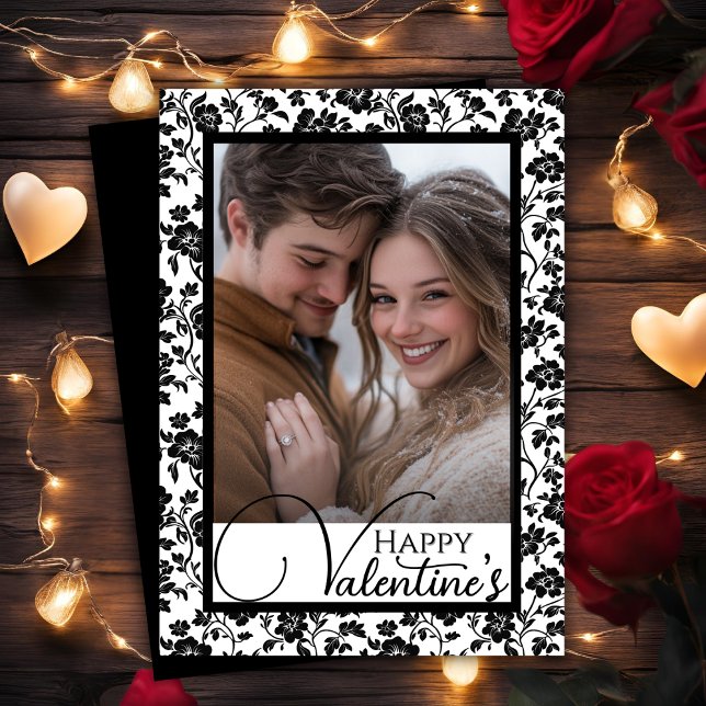 Black & White Floral Happy Valentine's Photo Holiday Card (Black & White Floral Happy Valentine's Photo Holiday Card)