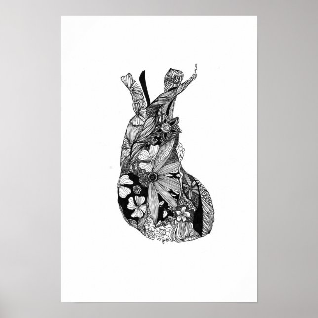 Black & White Floral Heart Poster (Front)