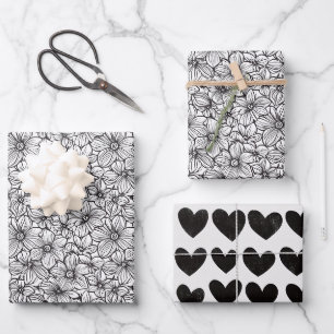 Black White Floral Hearts Wedding Wrapping Paper Sheet