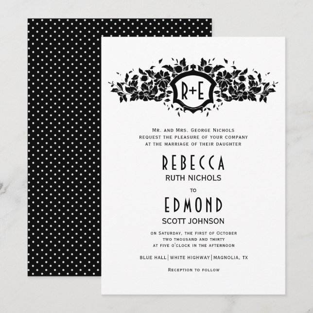 Black white floral heraldic crest initials wedding invitation (Front/Back)