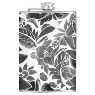 Black White floral Hip Flask