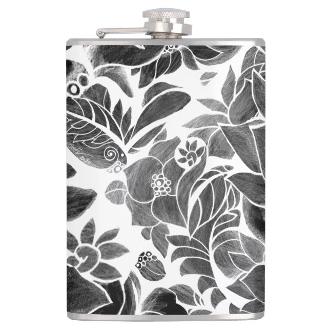 Black White floral Hip Flask (Front)