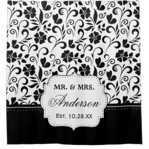 Black White Floral Just Married Wedding Date Shower Curtain