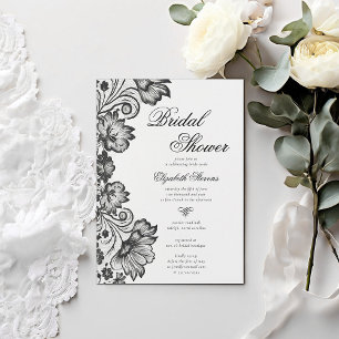 Black White Floral Lace Formal Chic Bridal Shower Invitation