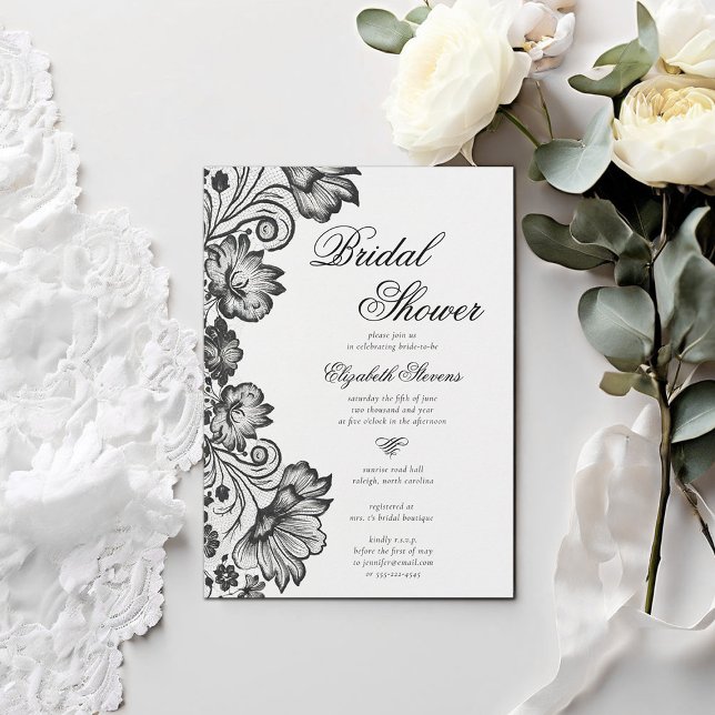 Black White Floral Lace Formal Chic Bridal Shower Invitation (formal traditional bridal shower invitation black lace elegant modern classic calligraphy)