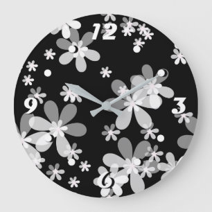 black white floral large clock