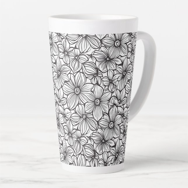 Black White Floral Latte Mug (Right Angle)