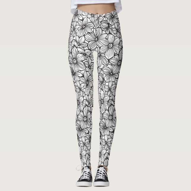 Black White Floral Leggings (Front)