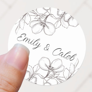 Black & White Floral Line Art Wedding Classic Round Sticker