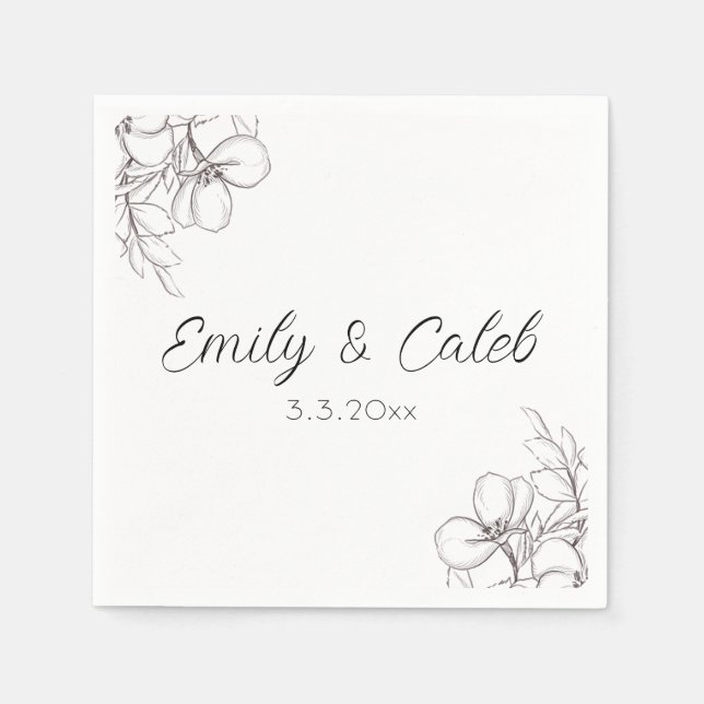 Black & White Floral Line Art Wedding Napkin (Front)