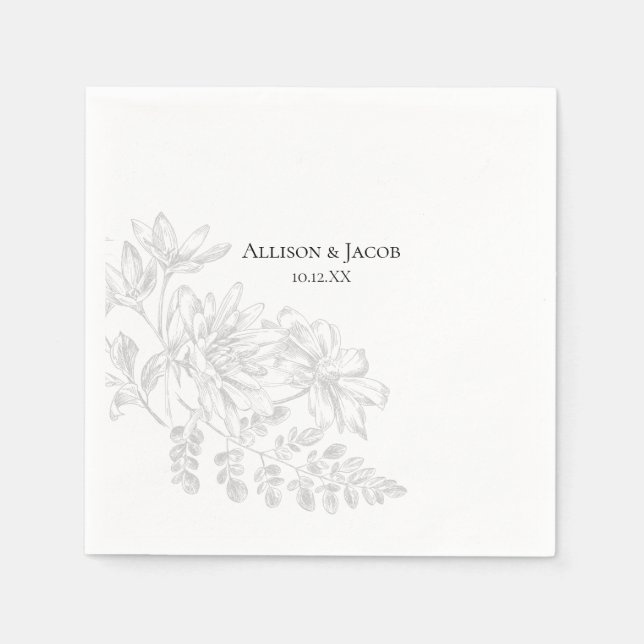 Black White Floral Line Drawing Wedding Napkins (Front)