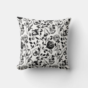 Black White Floral Line Hand Drawn Trendy Cushion