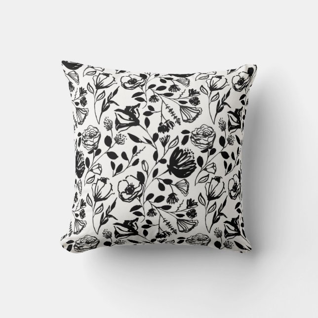 Black White Floral Line Hand Drawn Trendy Cushion (Front)