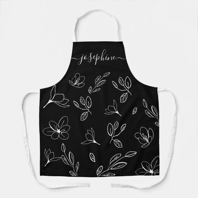Black White Floral lineart Modern personalised Apron (Front)
