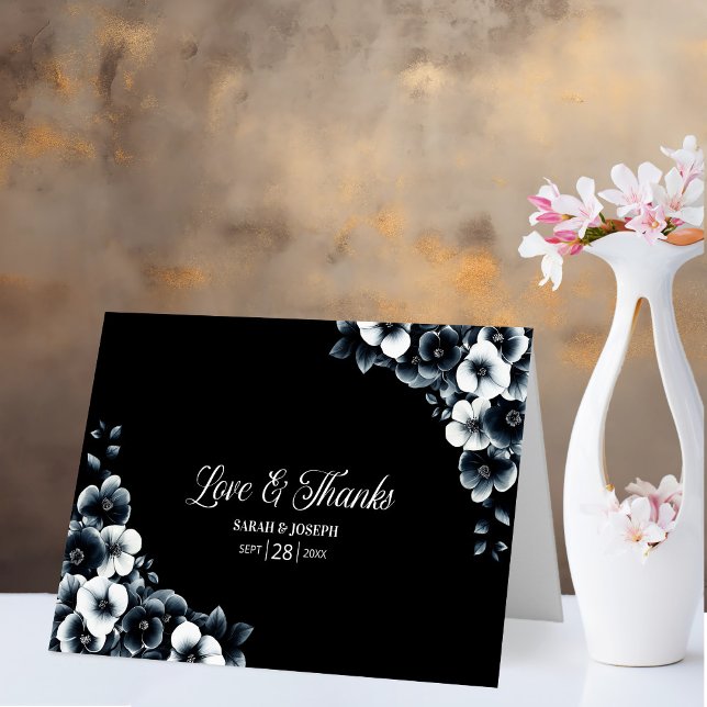 Black White Floral Love and Thanks Wedding Thank You Card (Creator Uploaded)