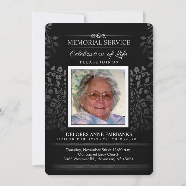 Black & White Floral Memorial Service Photo Invite (Front)