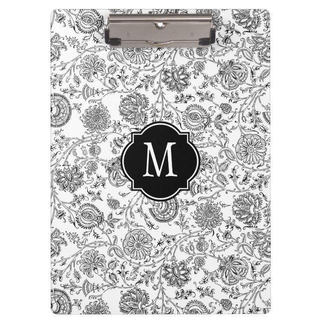 Black & White Floral Monogram Clipboard (Front)