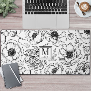 Black White Floral Monogram Desk Mat