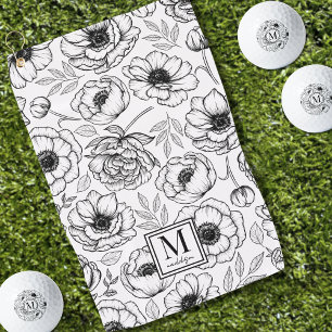 Black White Floral Monogram Golf Towel