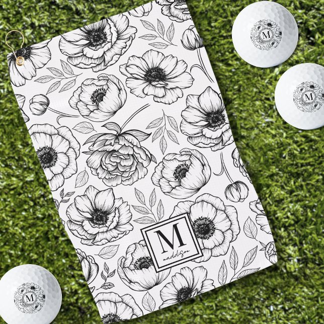 Black White Floral Monogram Golf Towel (Elegant Floral Pattern Initial Monogram Golf Towel)